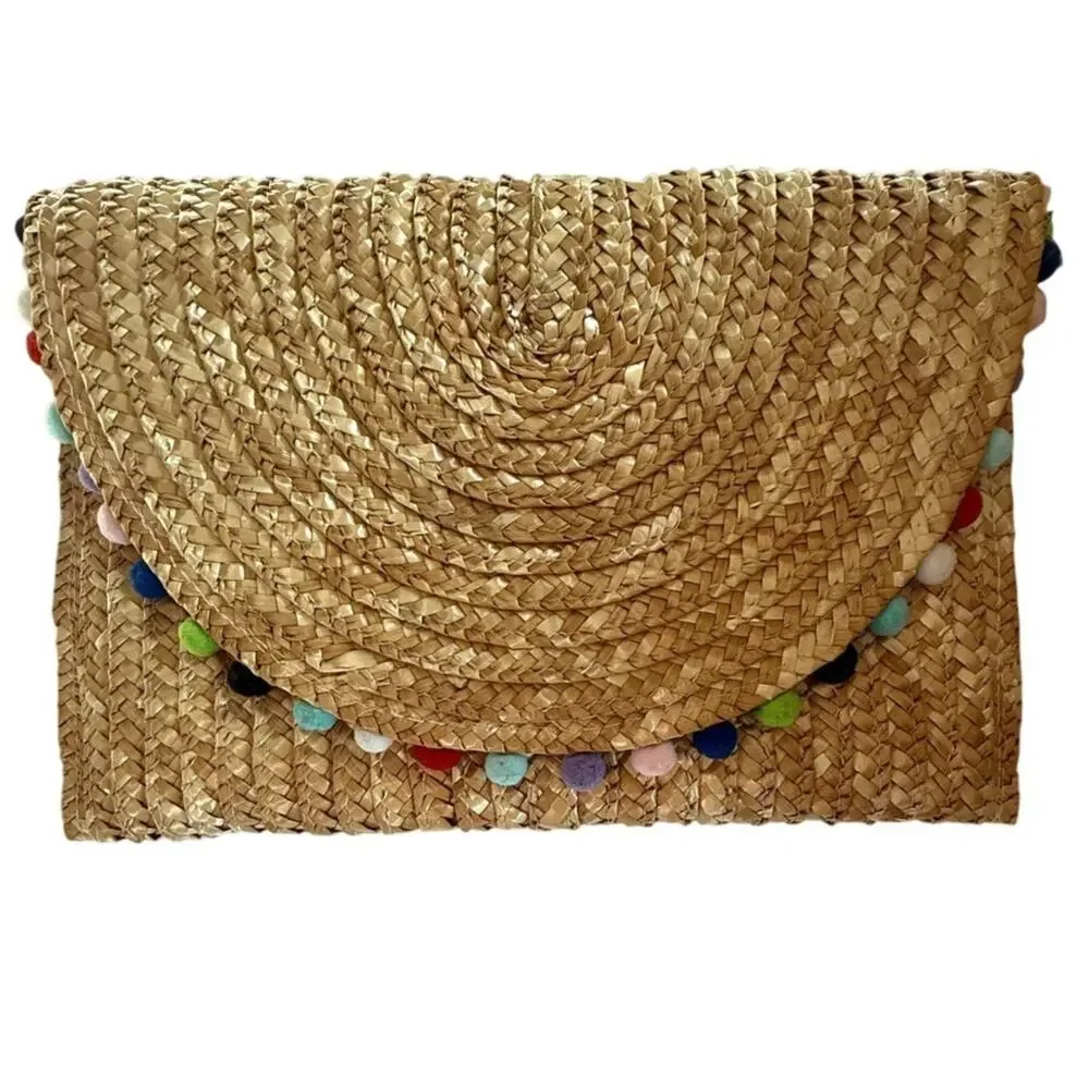 SHIRALEAH Chicago Straw Envelope Clutch Woven Pompom Trim Boho Resort Summer Bag - Picture 5 of 5